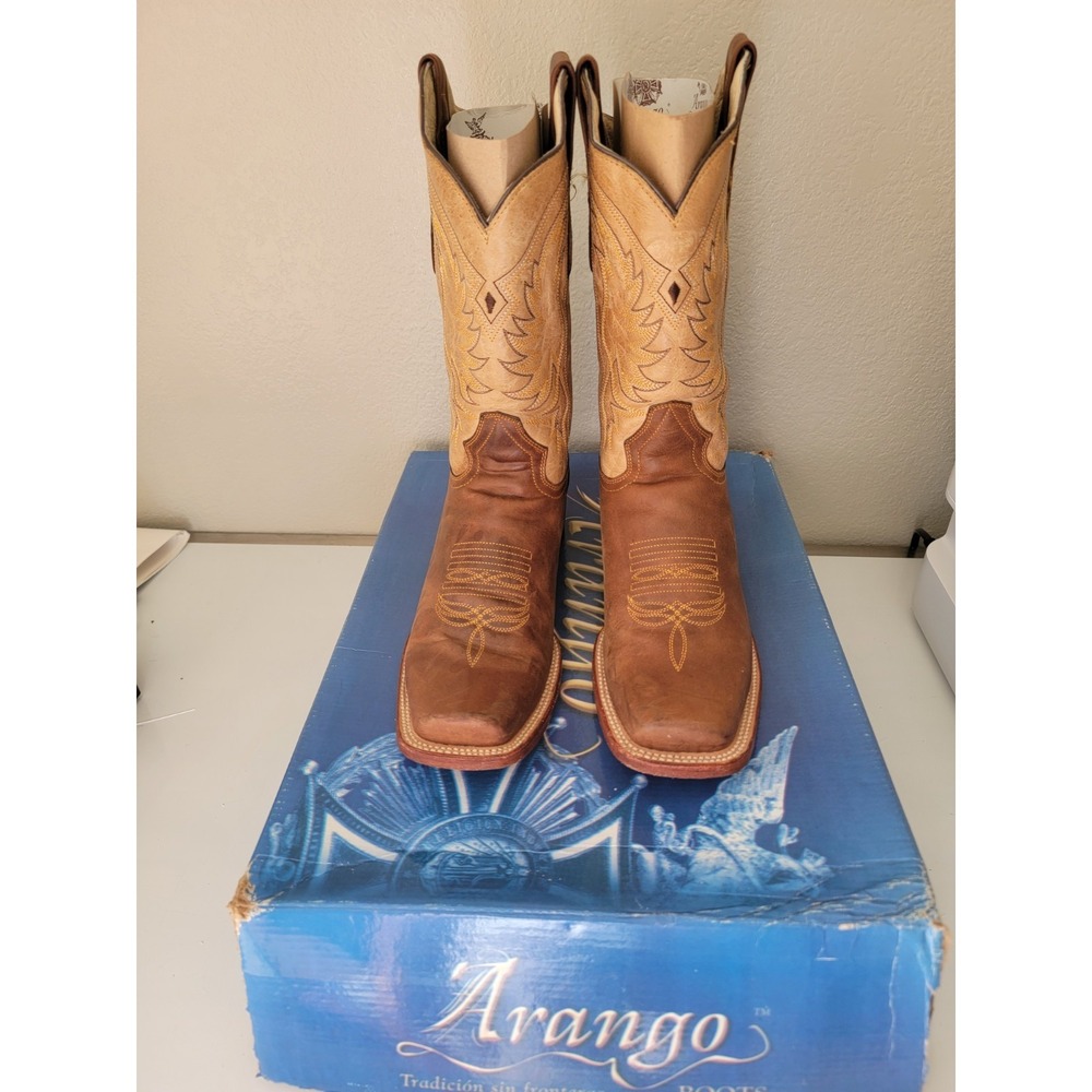 Arango Men's Cowboy Boots Brown Leather Square Toe Size 9 US 42 EU W/ Box